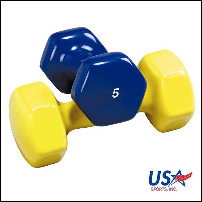   pound, 10 pound, 12 pound, and 15 pound vinyl aerobic dumbbells